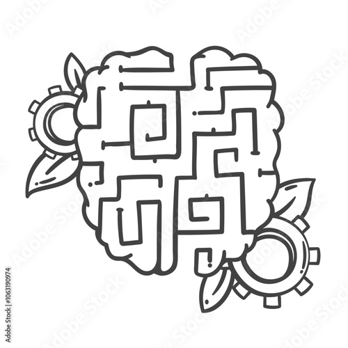 Human brain with gears and labyrinth inside line icon. Outline hand drawn sketch of puzzle game for creative and logic thinking. Memory, solution mascot, maze in brain icon vector illustration
