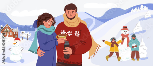 Horizontal banner winter leisure time, family breathing in mountains, children sculpting snowman, parents drinking hot drink from thermos. Hand drawn color flat vector illustration