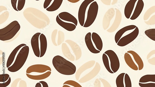 A seamless pattern of coffee beans in various shades of brown against a white background.