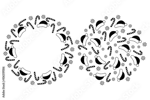 Santa caps, Candy canes and snowflakes Black and white Round Frame border and decorative background