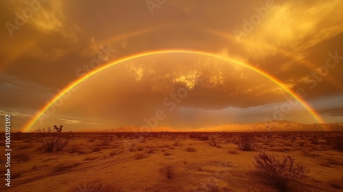 Golden hour rainbow arching across a dramatic desert landscape with a wide open sky