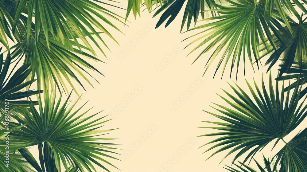 Graphic palm leaf pattern, emphasizing sharp leaf lines, simple background creates a lively atmosphere. Graphic palm leaf pattern, emphasizing sharp leaf lines, simple background creates a lively atmosphere.