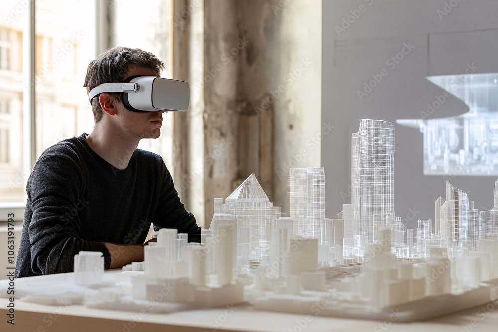Exploring the Future City: A Man Uses Virtual Reality to Experience a Detailed Architectural Model Exploring the Future City: A Man Uses Virtual Reality to Experience a Detailed Architectural Model