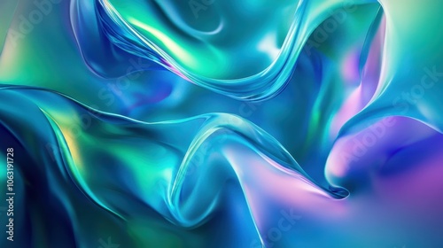 Abstract fluid 3D twisted iridescent holographic neon waves background with blue and green colorful gradient