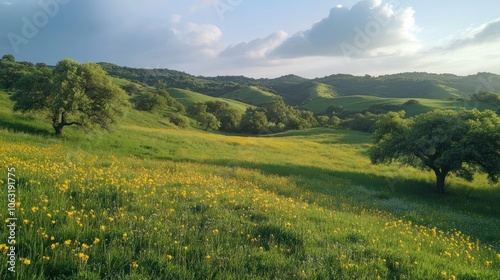 Green hills rolling under a bright spring sky, with trees just beginning to bloom and wildflowers scattered throughout