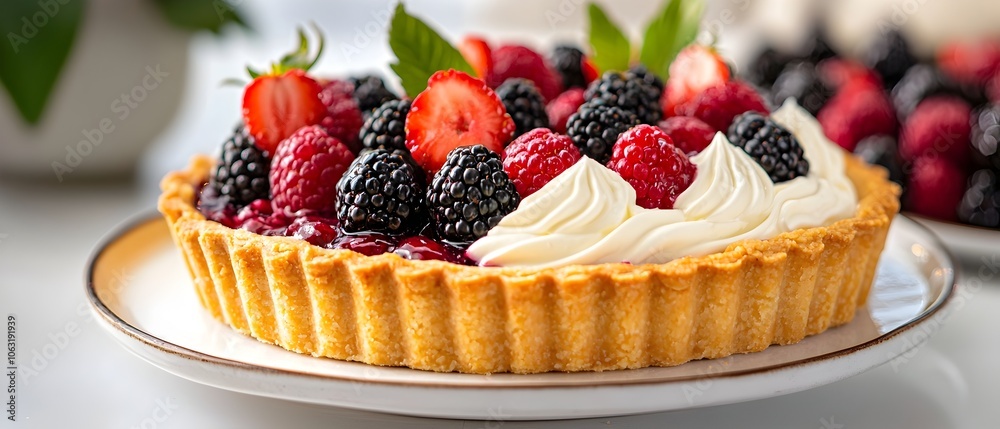 Delectable berry tart with a flaky crust fresh cream and an elegant presentation on display in a sophisticated dessert caf Delectable berry tart with a flaky crust fresh cream and an elegant presentation on display in a sophisticated dessert caf