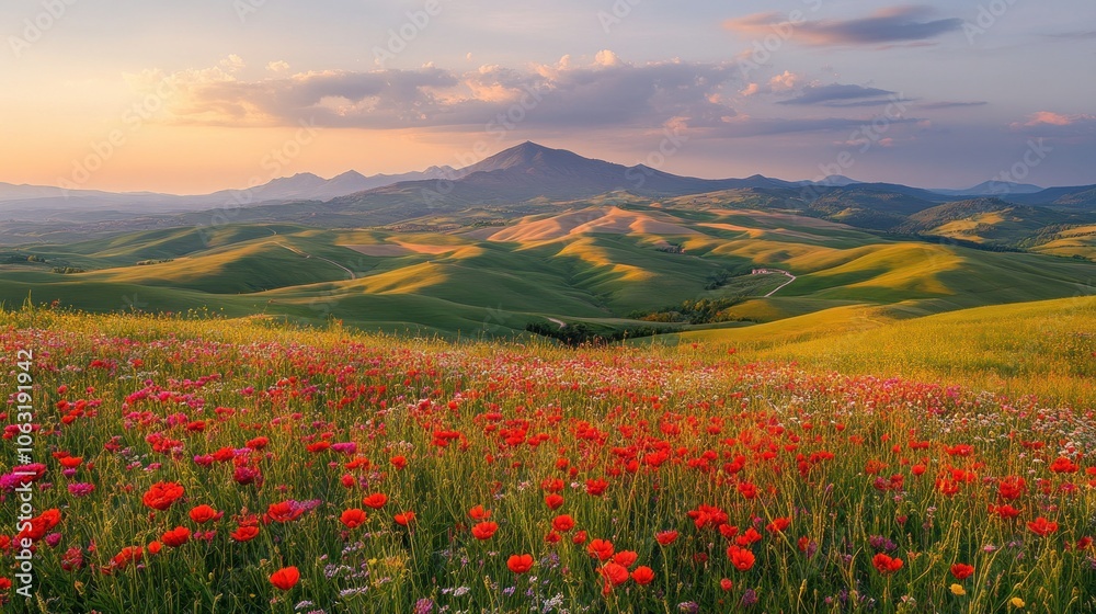 Green rolling hills dotted with wildflowers under a pastel-colored spring sky with soft clouds Green rolling hills dotted with wildflowers under a pastel-colored spring sky with soft clouds