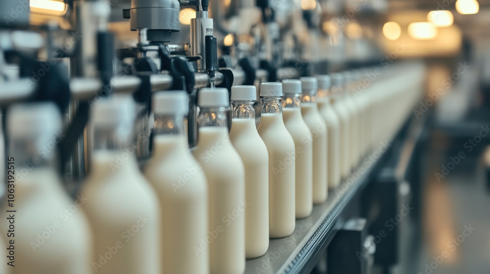 Milk factory. Robotic factory line for processing and bottling of milk Milk factory. Robotic factory line for processing and bottling of milk