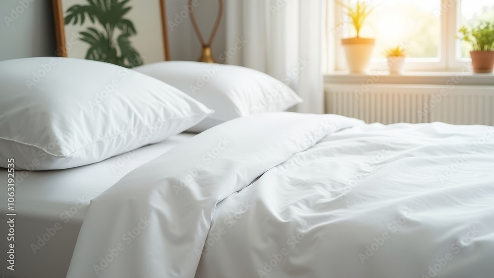 Obraz premium Luxurious Crisp White Bedding in Soft Natural Light