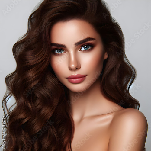 A portrait vector illustration of a woman with voluminous, long, wavy brunette hair, styled with a natural, flowing look and enhanced with catch lights for a soft glow. Her makeup is subtle,