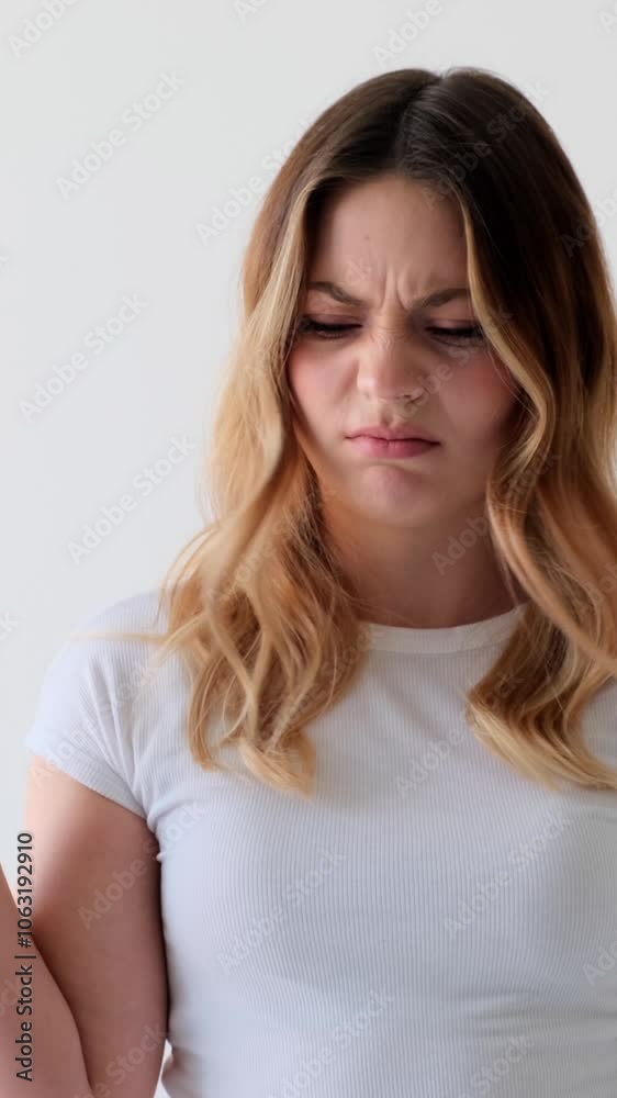 Serious Caucasian woman showing blah gesture, standing on white background. Concept of a chitchat, quarrel and discussion. Vertical video. Serious Caucasian woman showing blah gesture, standing on white background. Concept of a chitchat, quarrel and discussion. Vertical video.