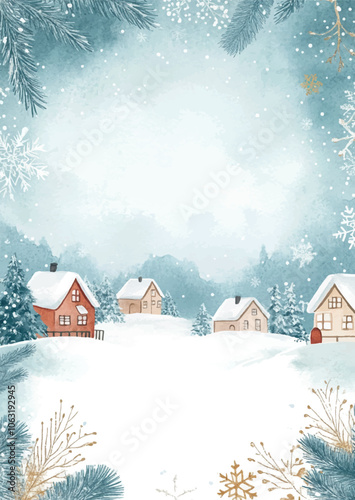 Watercolor postcard with winter landscape 