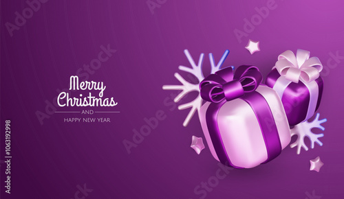 Happy New Year and Merry Christmas. Christmas holiday background with realistic 3d objects, violet bauble balls, conical metal stars, gift. Levitation falling design composition.