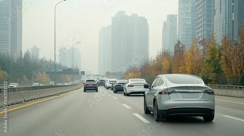 A busy urban highway scene with multiple cars, surrounded by towering skyscrapers and autumn foliage, under a hazy sky.