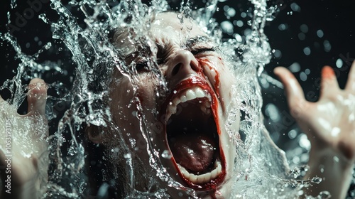 A dynamic close-up of a person screaming, water and blood mixing on their face, capturing an overwhelming blend of emotions, energy, and visceral drama. photo