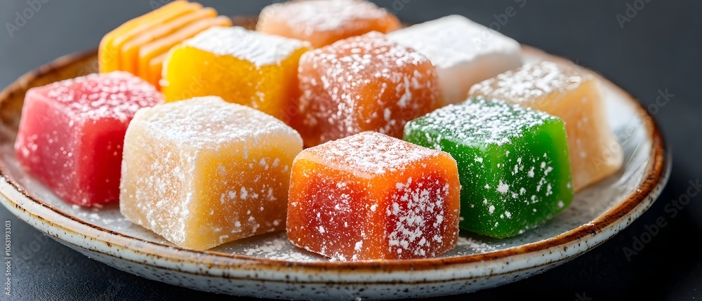 Assortment of traditional Turkish delight confections in pastel shades of pink green and white elegantly arranged on a ceramic serving plate with a textured background Assortment of traditional Turkish delight confections in pastel shades of pink green and white elegantly arranged on a ceramic serving plate with a textured background