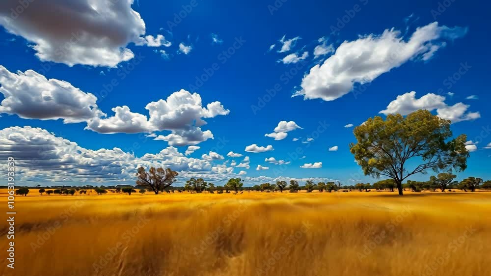 A lone tree stands in a field of tall, golden grass under a blue sky with white clouds
