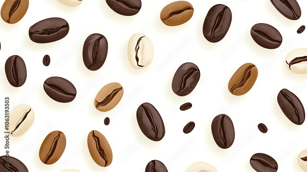 A seamless pattern of coffee beans in various shades of brown against a white background. A seamless pattern of coffee beans in various shades of brown against a white background.
