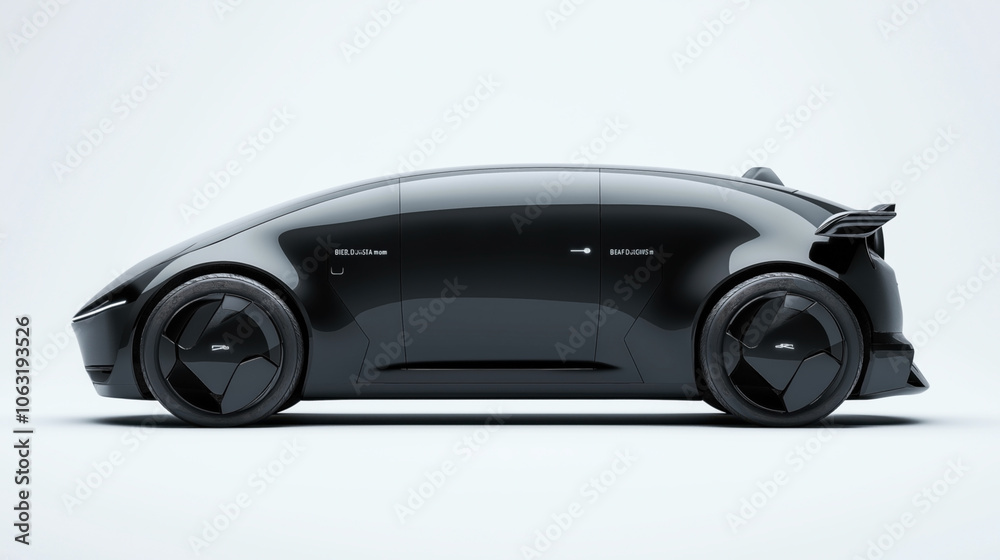 Futuristic black electric car with sleek aerodynamic design and unique wheel covers on a light background Futuristic black electric car with sleek aerodynamic design and unique wheel covers on a light background
