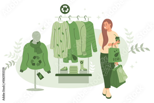 Shopping, sale clothing in eco-friendly store. Sustainable Fashion. Girl with coffee and packages near rack with clothes made from recycled material and mannequin in sweater. Vector illustration