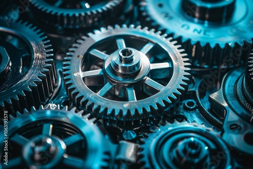 Close up view of shiny metallic cogwheels working as part of a complex mechanism in blue light