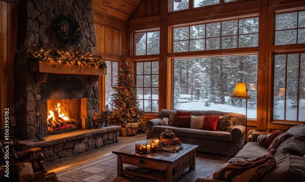 Cozy cabin interior with fireplace and snowy view. Cozy cabin interior with fireplace and snowy view.