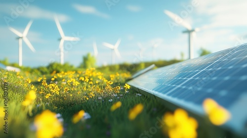 Softly blurred background of solar panels and wind turbines