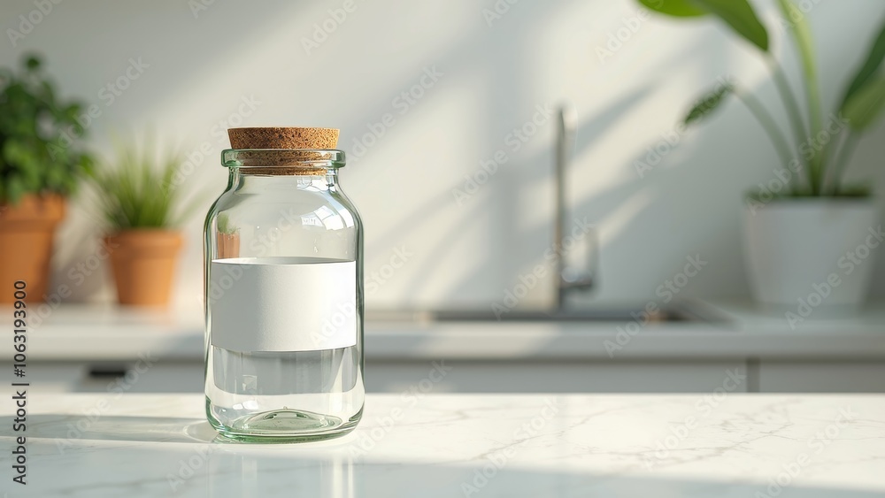 Stylish Zero Waste Glass Jar with Cork Lid on a Bright Kitchen Counter Stylish Zero Waste Glass Jar with Cork Lid on a Bright Kitchen Counter