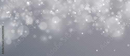 Winter background, Christmas snowflakes on a transparent background. Snow flakes, snow background. Heavy snowfall, snowflakes in different shapes and forms. 