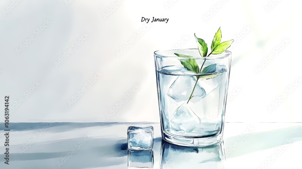 Dry january concept: refreshing water with ice and mint for clean living designs Dry january concept: refreshing water with ice and mint for clean living designs