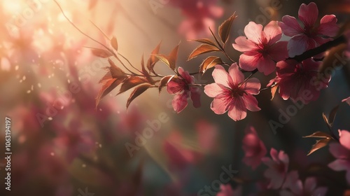 Soft Focus Cherry Blossoms in Warm Sunlight with Delicate Petals and Dreamy Atmosphere