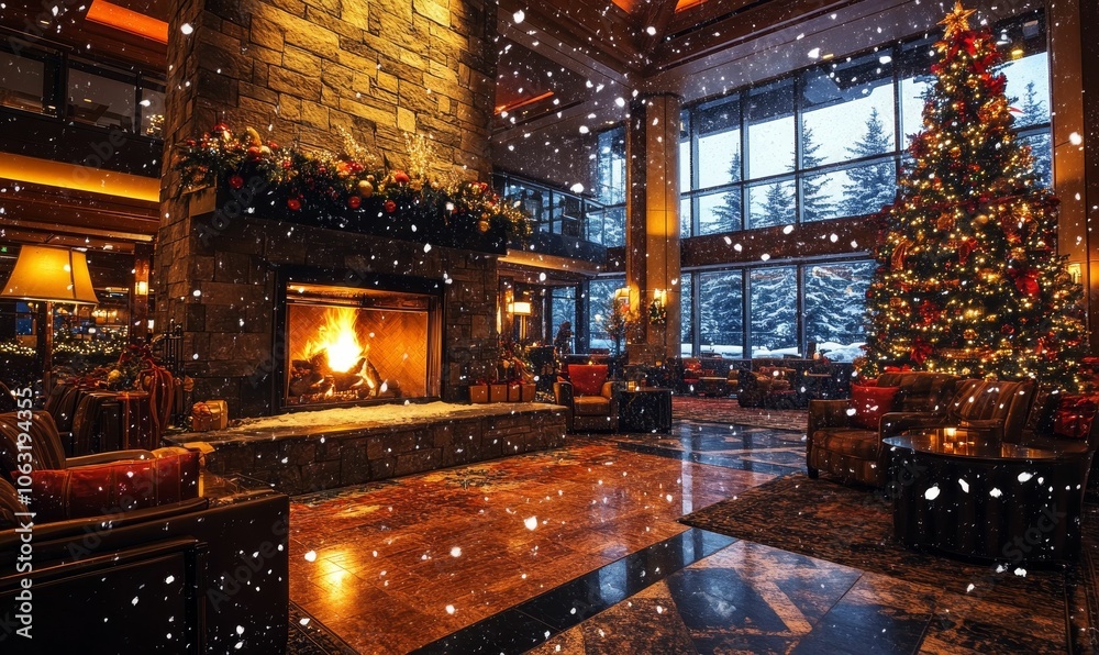 Cozy fireplace and Christmas tree in a snowy lodge. Cozy fireplace and Christmas tree in a snowy lodge.