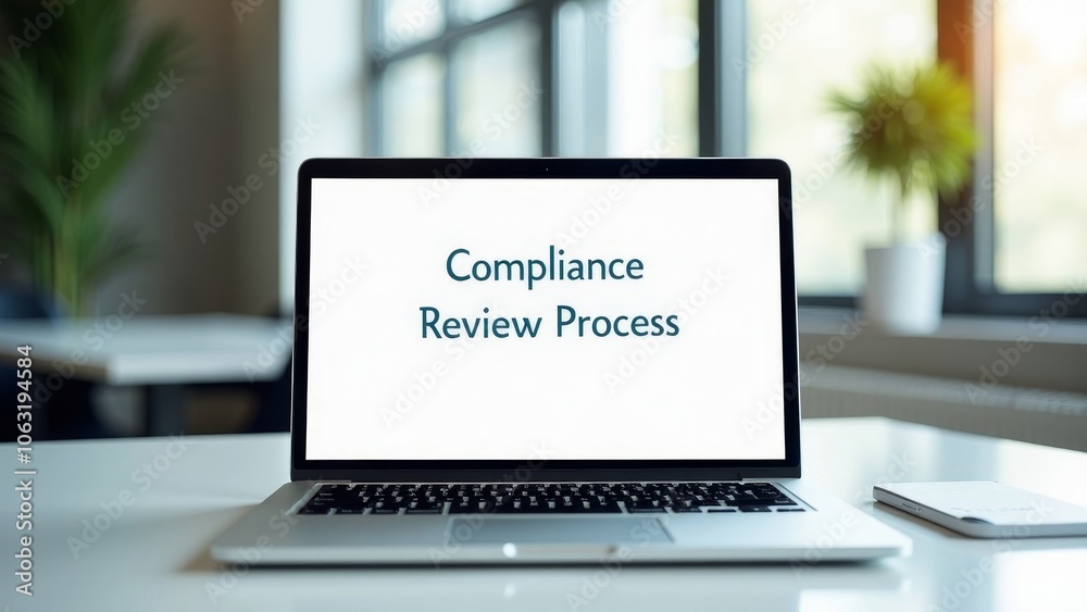Minimalist Laptop Displaying Compliance Review Process in an Office Minimalist Laptop Displaying Compliance Review Process in an Office