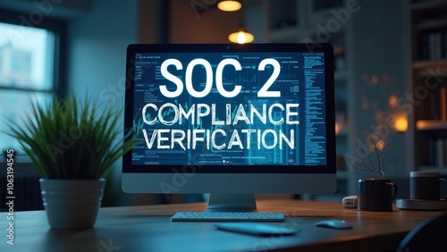 Modern Workspace with SOC 2 Compliance Verification on Digital Screen