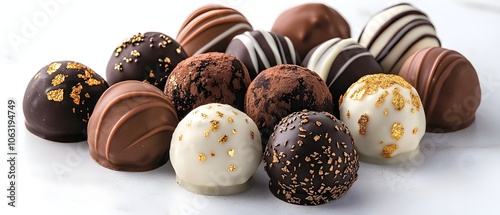 Exquisite Artisanal Chocolate Truffles with Radiant Golden Accents   Decadent Assortment of Dark Milk and White Chocolate Delights photo