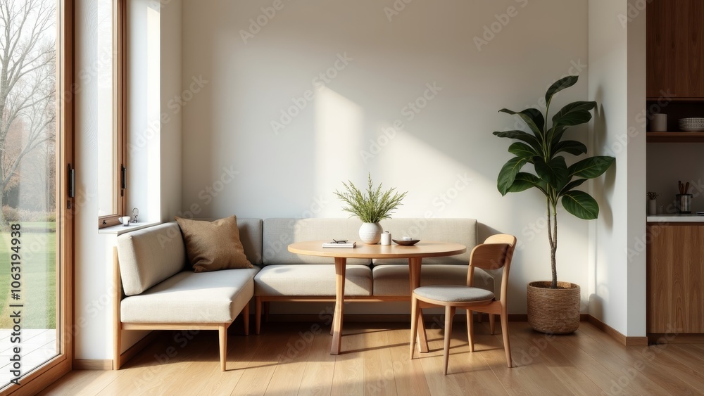 Cozy Minimalist Breakfast Nook Bathed in Natural Light