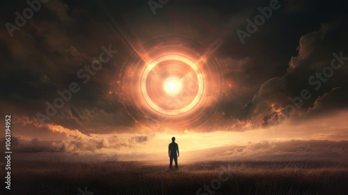 A silhouetted figure stands before a radiant cosmic portal, surrounded by dramatic clouds and an ethereal glow at sunset.