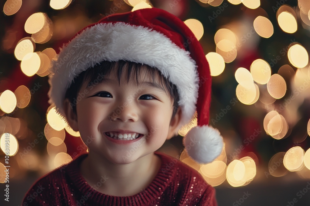 Smiling child in Santa hat with festive Christmas lights Generative AI