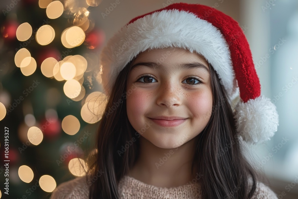 Smiling girl in Santa hat with Christmas tree lights Generative AI Smiling girl in Santa hat with Christmas tree lights Generative AI