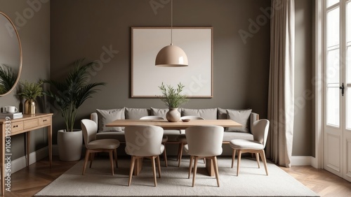 Stylish Dining Nook in Muted Tones with Cozy Atmosphere and Elegant Furnishings