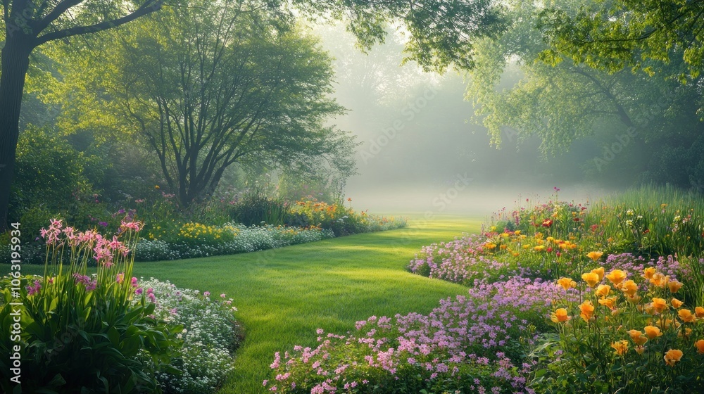 Fototapeta premium Morning mist drifting over a quiet spring garden, with colorful flowers and fresh green leaves softly glowing in the hazy light