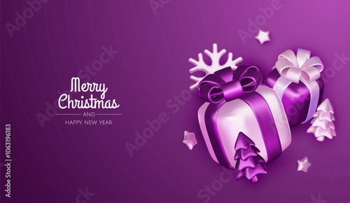 Happy New Year and Merry Christmas. Christmas holiday background with realistic 3d objects, violet bauble balls, conical metal stars, gift. Levitation falling design composition.