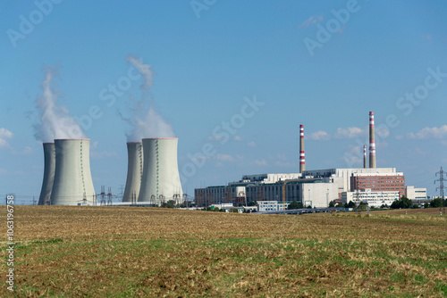 Cooling towers at nuclear power plant, energy self-sufficiency, greenhouse emission reduction and global warming concept, Dukovany, Czech Republic photo