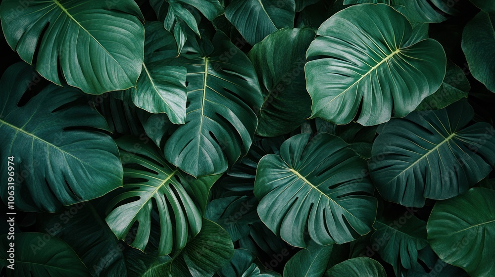 Overlapping tropical leaves in dark green tones, emphasizing the naturalness and tropical atmosphere. Overlapping tropical leaves in dark green tones, emphasizing the naturalness and tropical atmosphere.