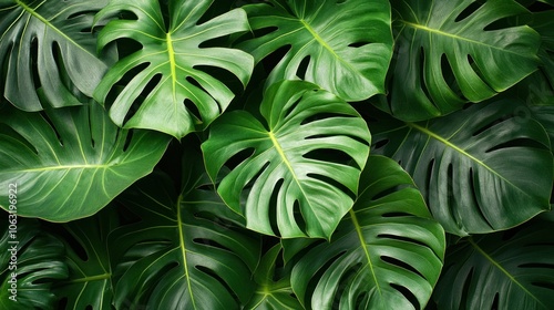 Overlay of large tropical leaves in a top view. The leaf veins are clear and detailed.