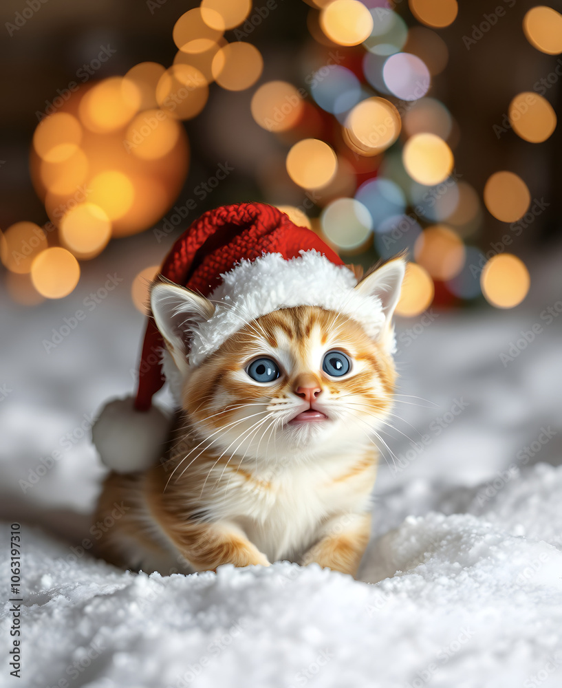 A small frightened kitten in the snow, wearing a fur hat with earflaps, against the backdrop of festive New Year's lights. A small frightened kitten in the snow, wearing a fur hat with earflaps, against the backdrop of festive New Year's lights.