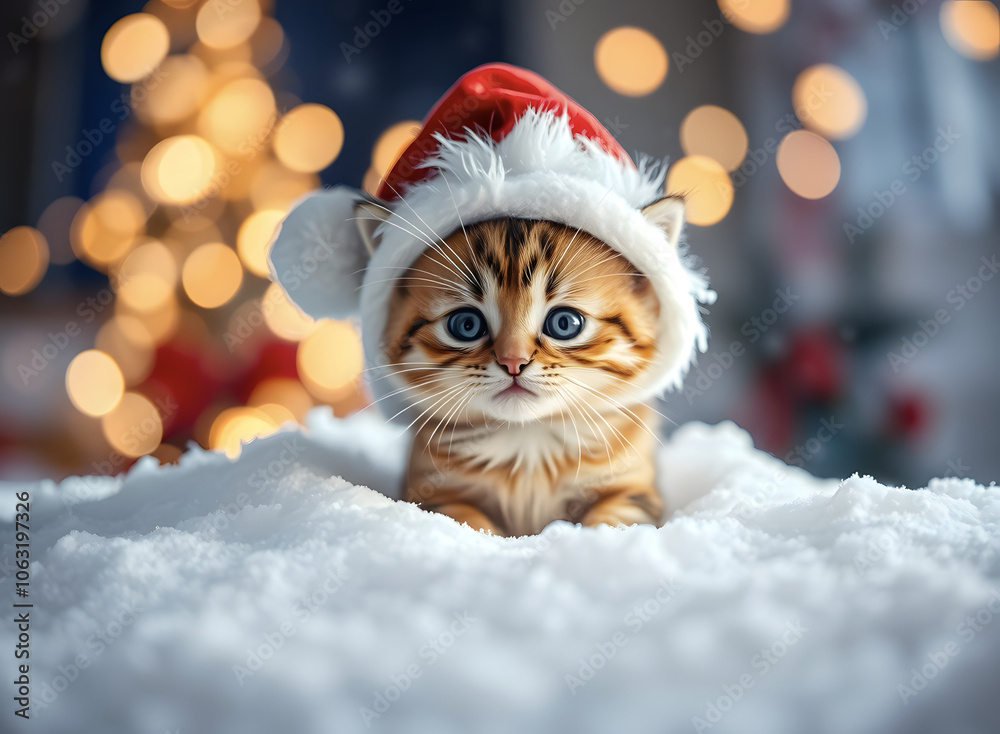 A small frightened kitten in the snow, wearing a fur hat with earflaps, against the backdrop of festive New Year's lights. A small frightened kitten in the snow, wearing a fur hat with earflaps, against the backdrop of festive New Year's lights.
