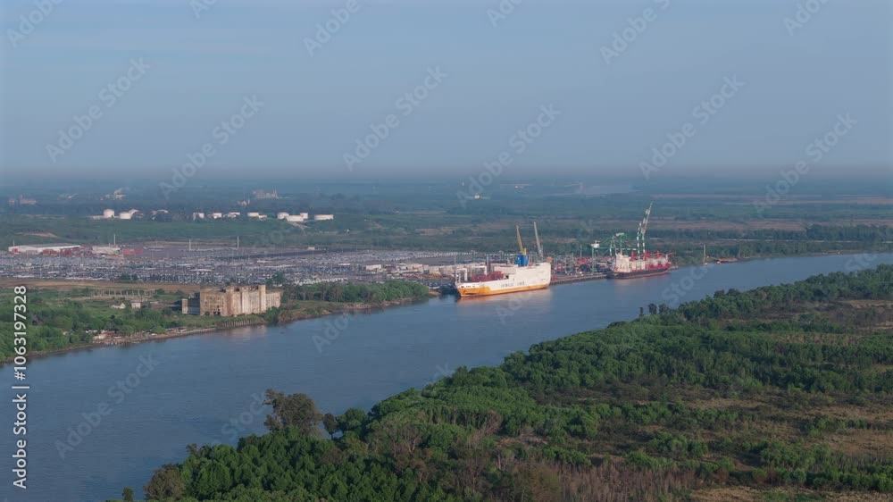 Cargo terminal of Puerto Zarate with cargo ships on Parana River. Buenos Aires, Argentina. Aerial view. Cargo terminal of Puerto Zarate with cargo ships on Parana River. Buenos Aires, Argentina. Aerial view.