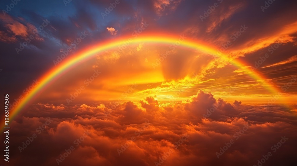 Rainbow arching across a dramatic sunset with golden clouds and soft twilight hues in the background Rainbow arching across a dramatic sunset with golden clouds and soft twilight hues in the background