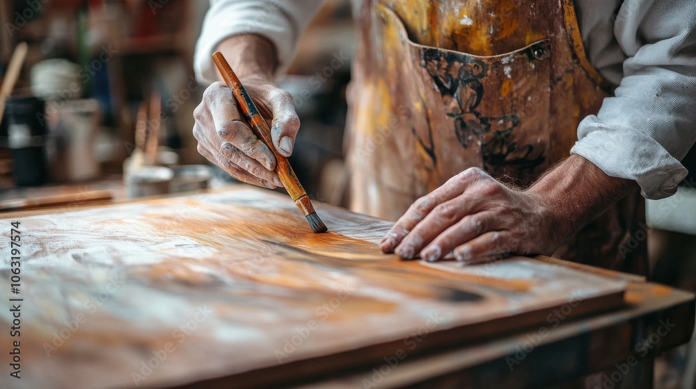 A white sign painter meticulously applying paint to a wooden sign, wearing a protective apron, with a focus on their hands and the detailed brushwork. A white sign painter meticulously applying paint to a wooden sign, wearing a protective apron, with a focus on their hands and the detailed brushwork.